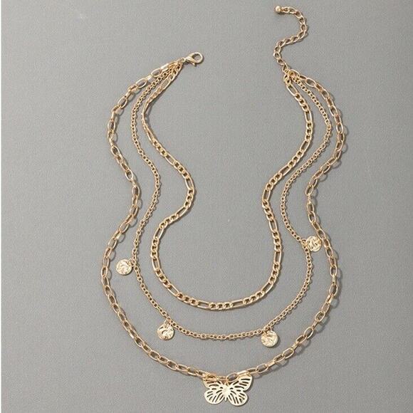 Multilayer Butterfly Charms Chunky 3-Layered Alloy Gold Chain Necklace For Women - Picture 3 of 4